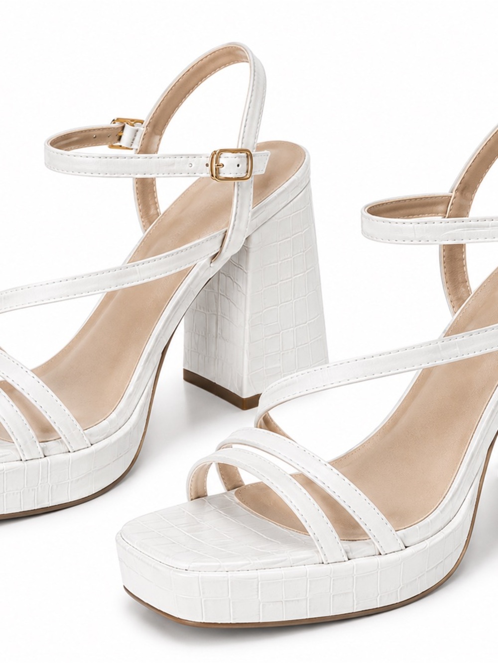 Croc-Embossed White Platform Block Heel Sandals